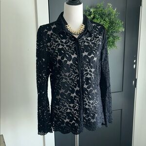 BCBG Max Azria Black XL fits M or L sheer Lace Button-Up Blouse